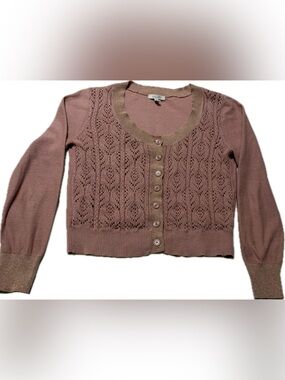 dELiA*s Crochet Knit Button-Front Cardigan - Mauve w/ accent stitching trim